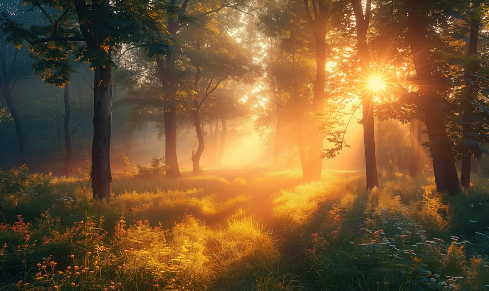 A path through a forest of hardwood trees with ferns on either side of the path and the sun during through giving a magical feel. Photo credit goes to Free photo site PicJumbo.com